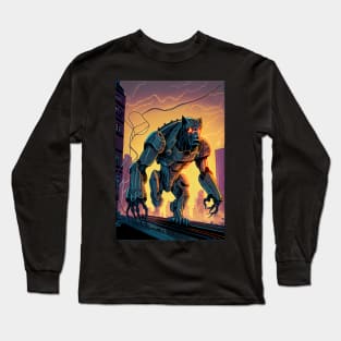 Monster giant robot cyborg dog attacking the city Long Sleeve T-Shirt